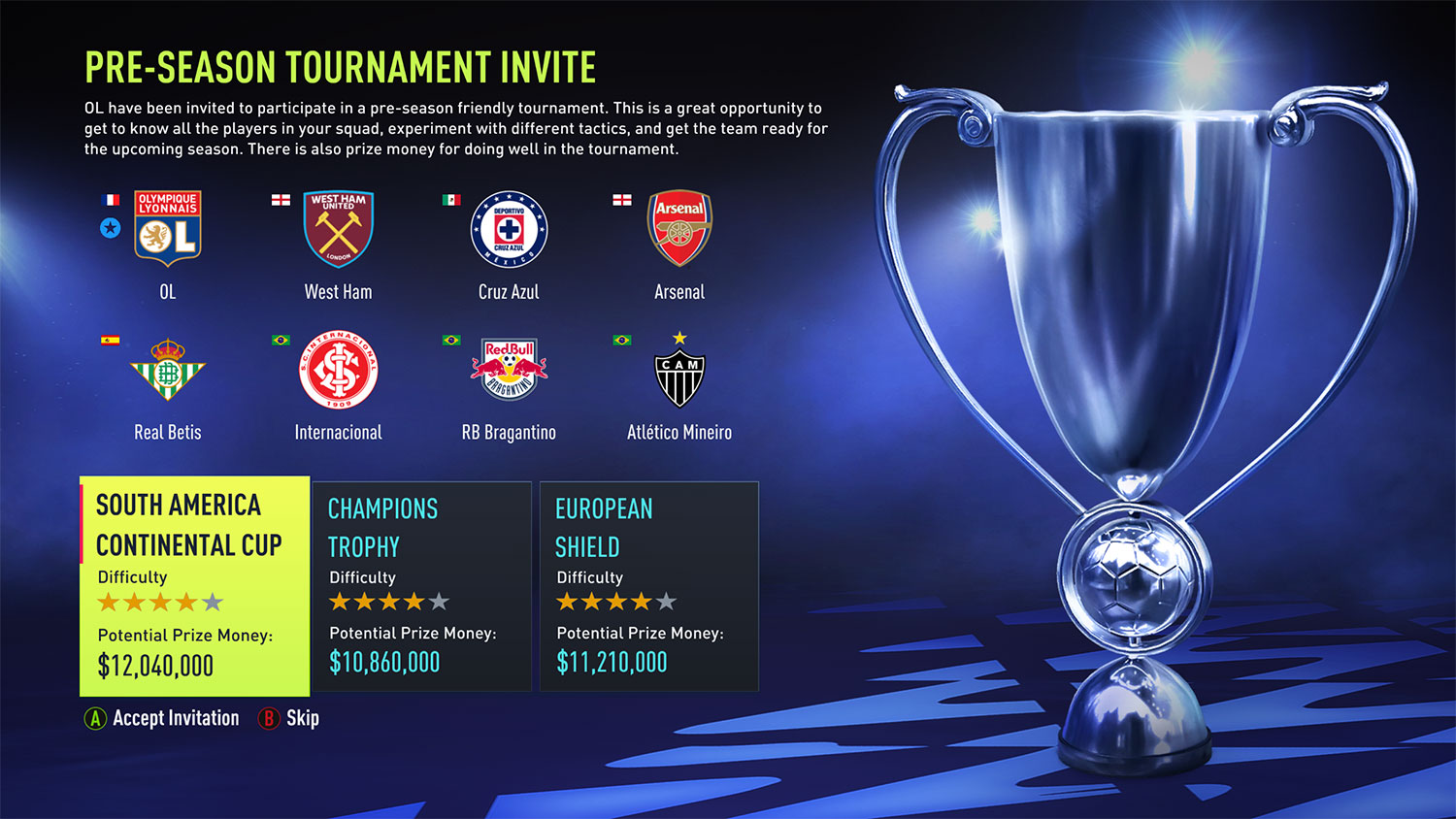 The pre-season tournament selection page in FIFA 22.