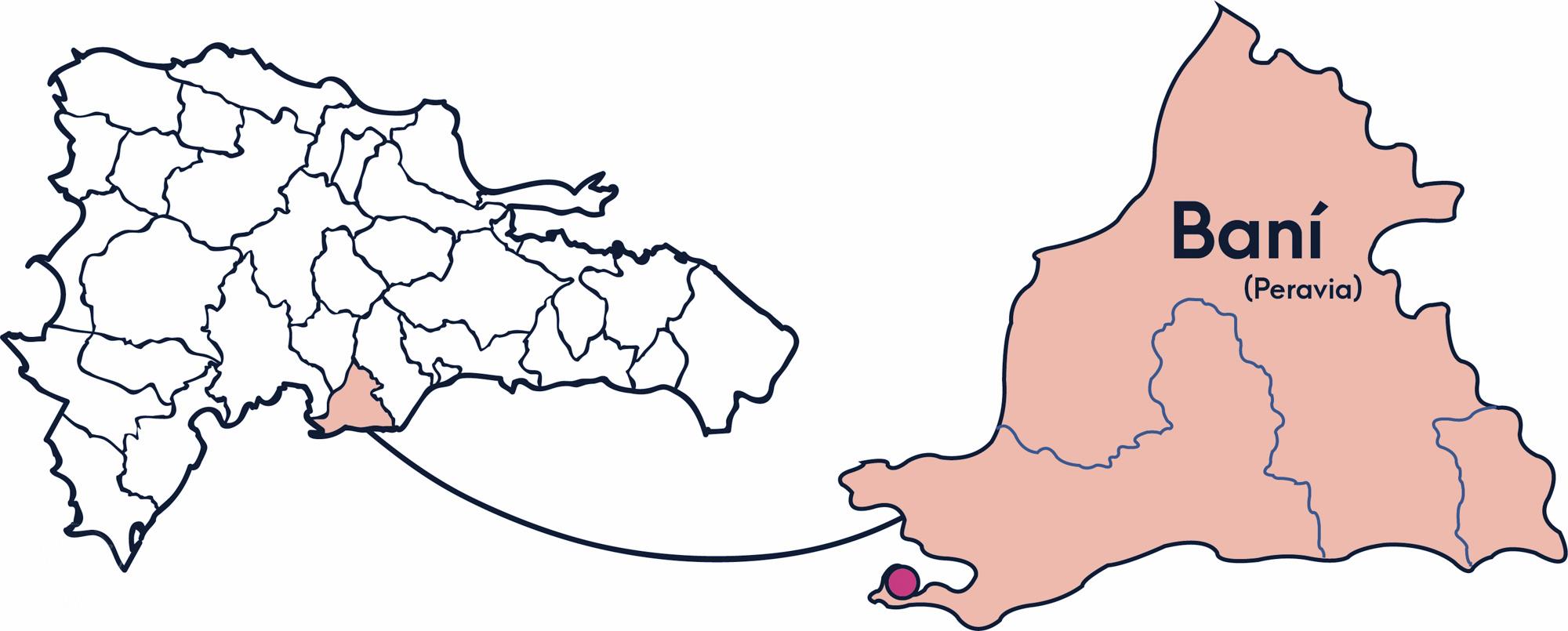 A Map of the Dominican Republic showing where the Bani city region is in orange. 