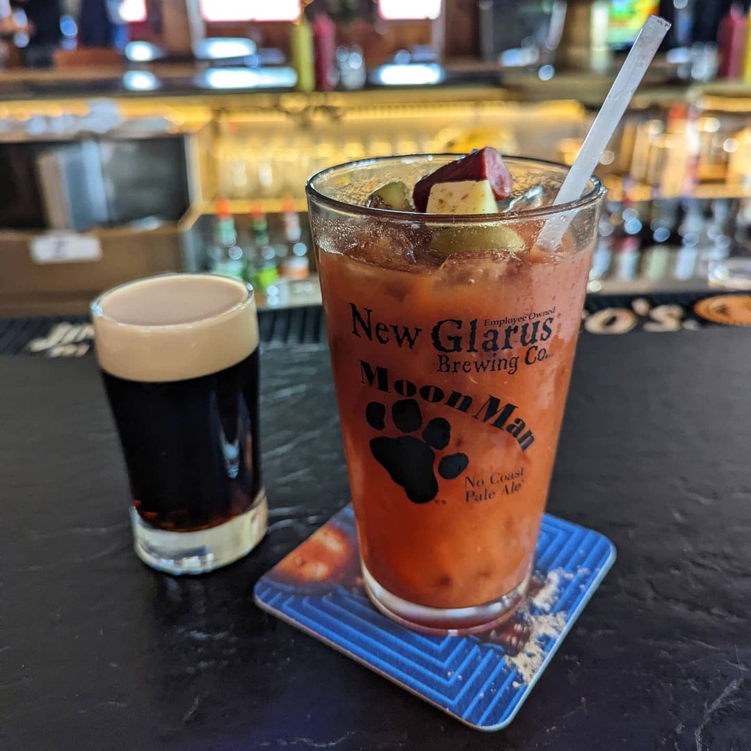 bloody mary and beer at a pub in door county