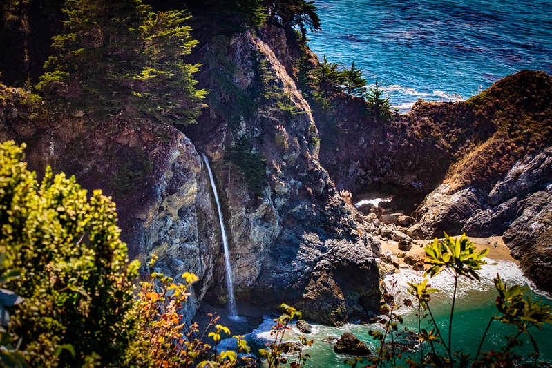 Waterfalls at a beach in Big Sur, California.