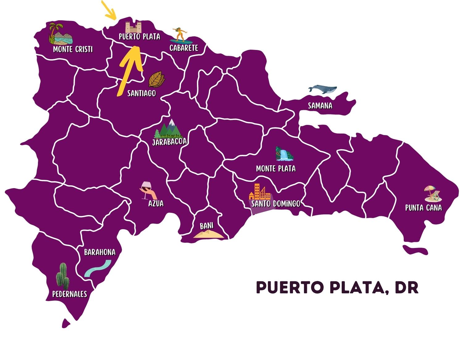 Map of the Dominican Republic with arrows that point to Puerto Plata.