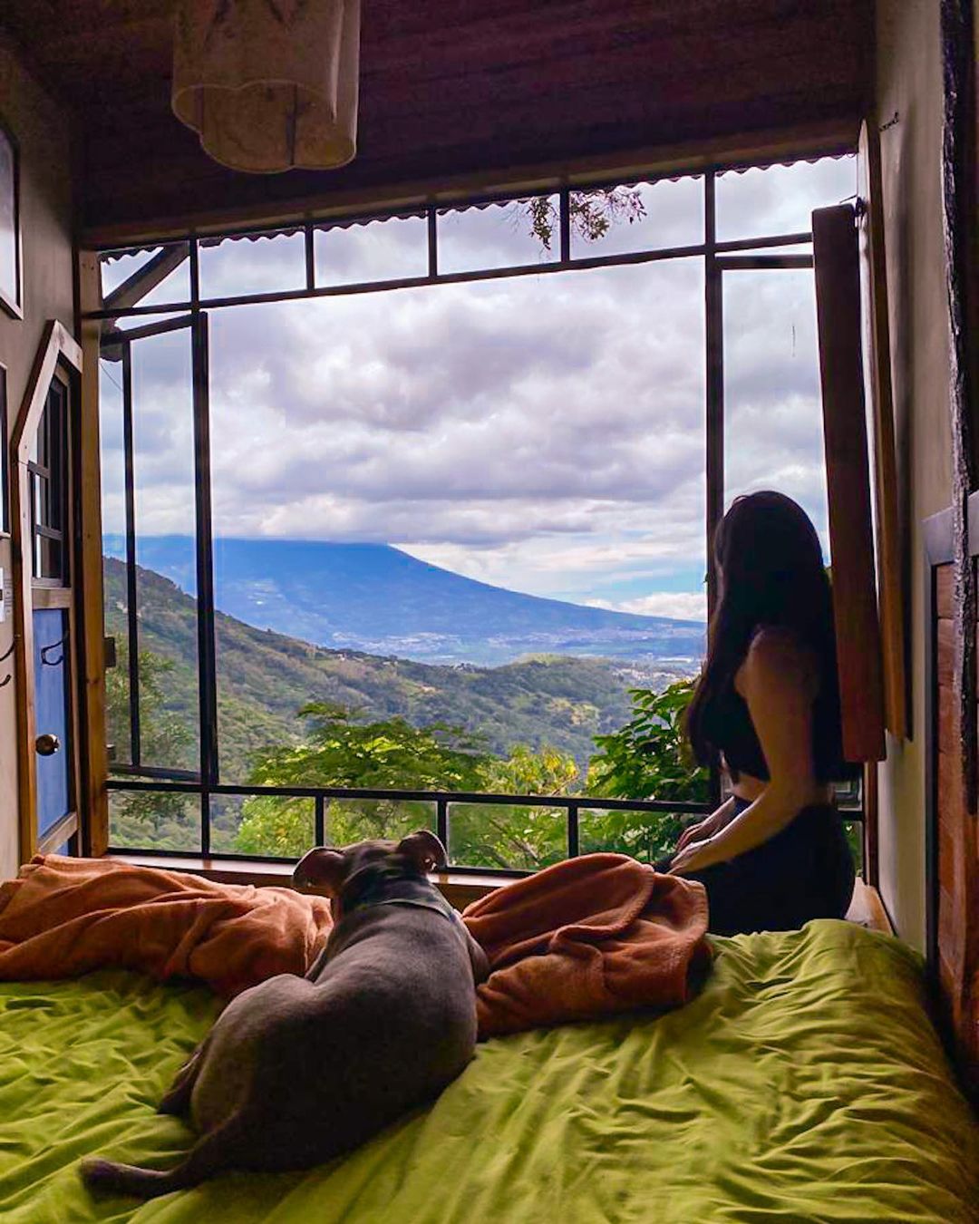 A woman and a dog relaxing and taking in the view outside the window from a room in Earth Lodge