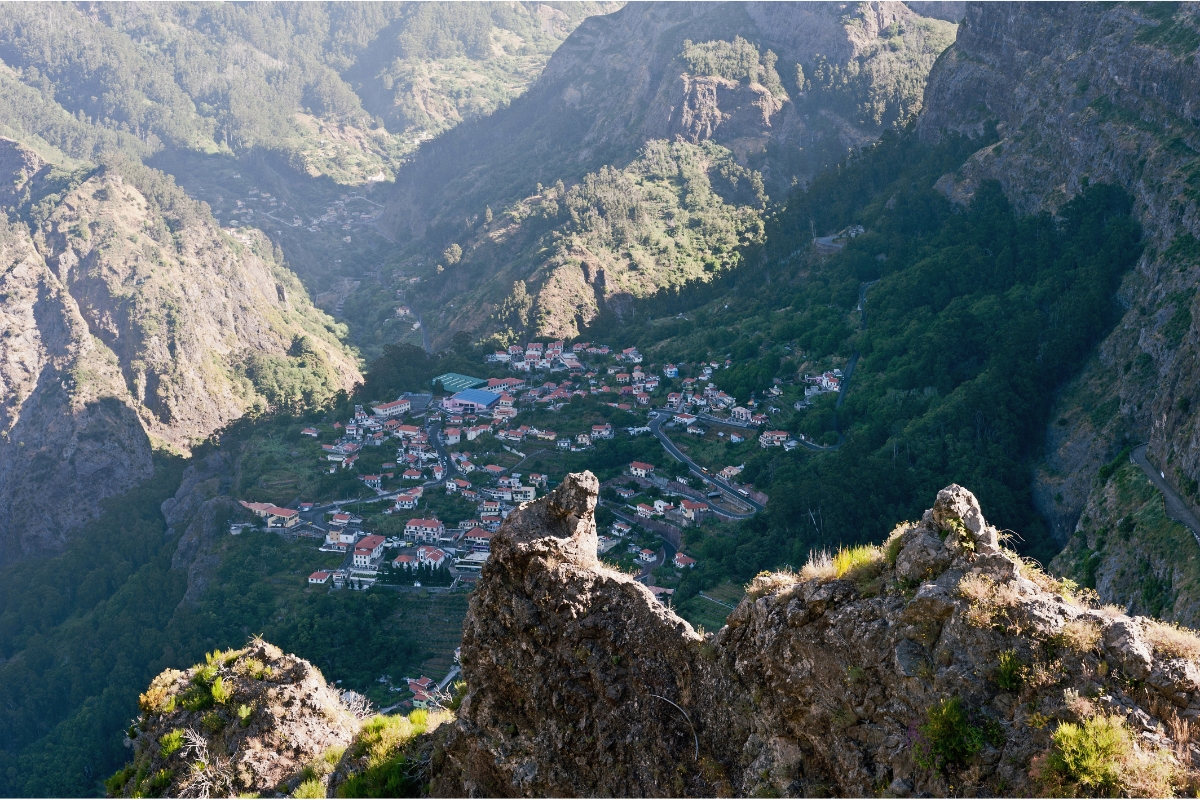 A view of the Valley of the Nuns in Madeira, Portugal from a rocky cliff