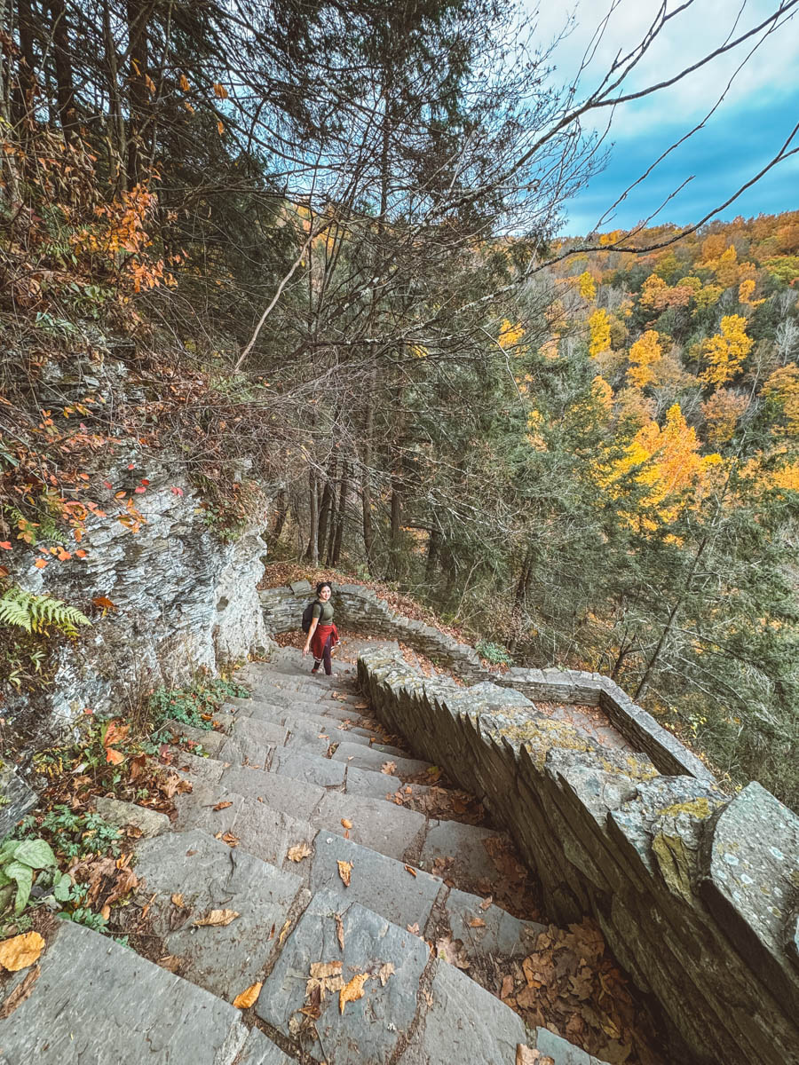A woman walking down the stairs of Robert Treman State Park, looking up