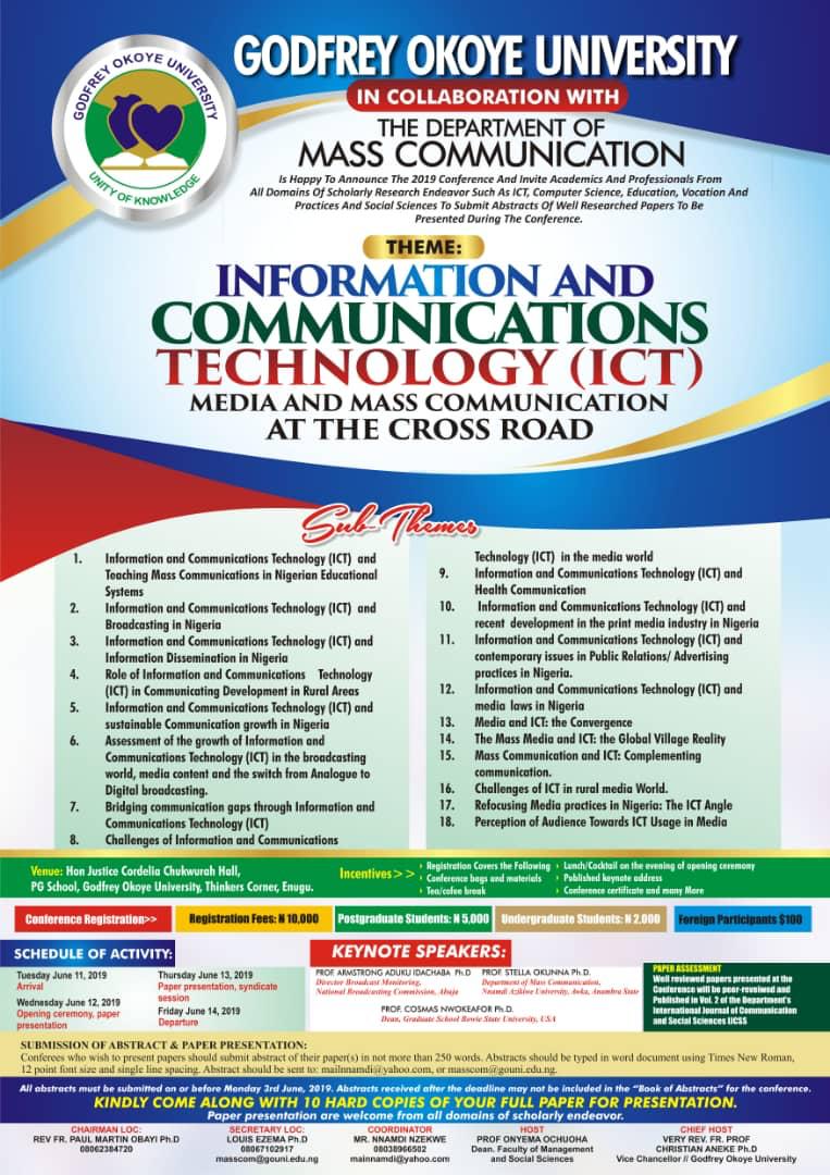 DEPARTMENT OF MASS COMMUNICATION SET TO HOLD ITS 2ND ANNUAL INTERNATIONAL MULTI-DISCIPLINARY CONFERENCE FROM JUNE 11, 2019 TO JUNE 14, 2019.