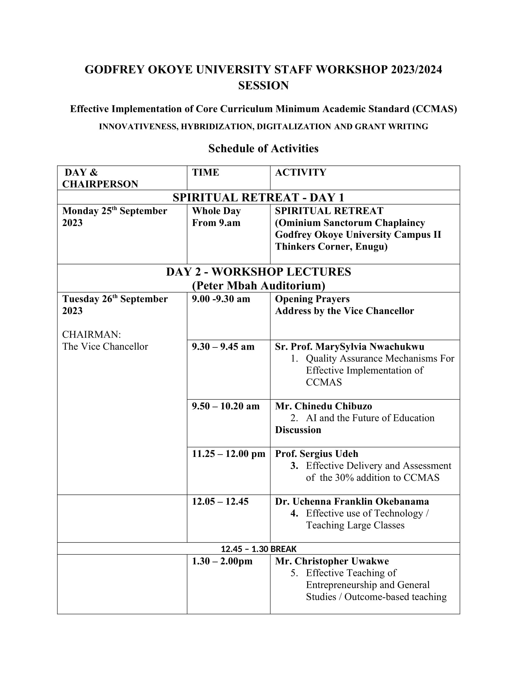 Staff Retreat and Workshop Schedule 2