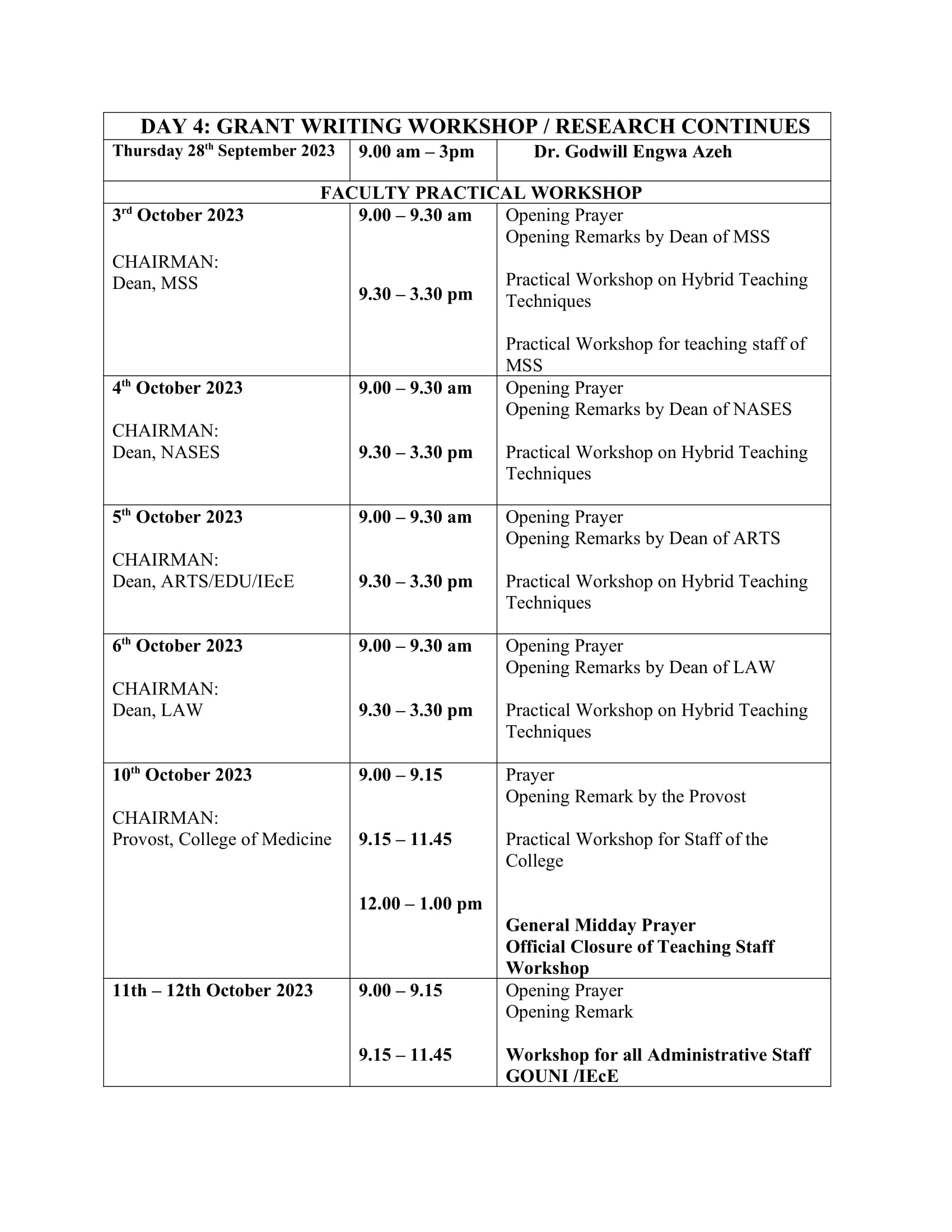 Staff Retreat and Workshop Schedule 4