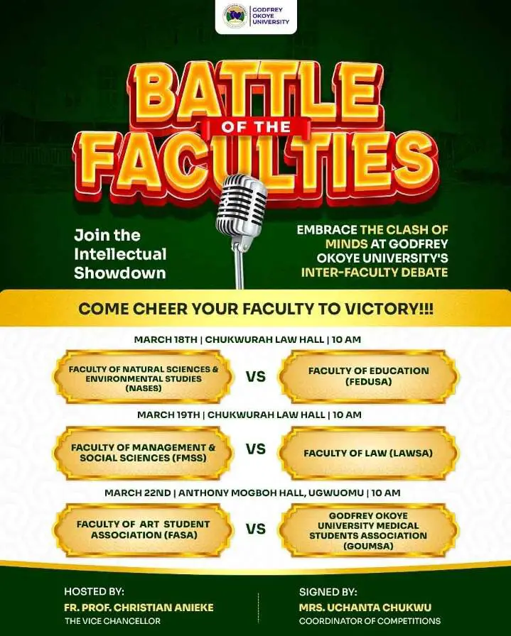 Godfrey Okoye University’s Finest Minds Compete for Intellectual Dominance in Inter-Faculty Debate Challenge.