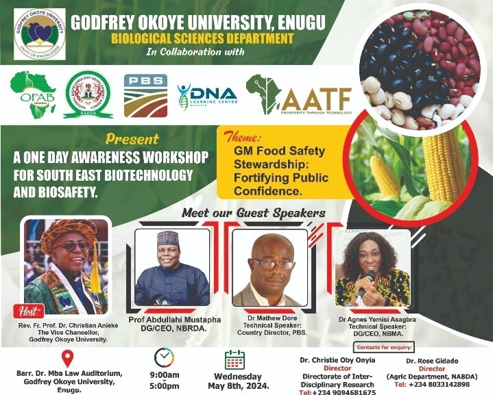 Join us at Godfrey Okoye University for a groundbreaking one-day awareness workshop on Southeast Biotechnology and Biosafety!