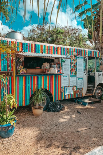 colorful Aji Limo food truck surrounded by palm trees on Oahu's North Shore
