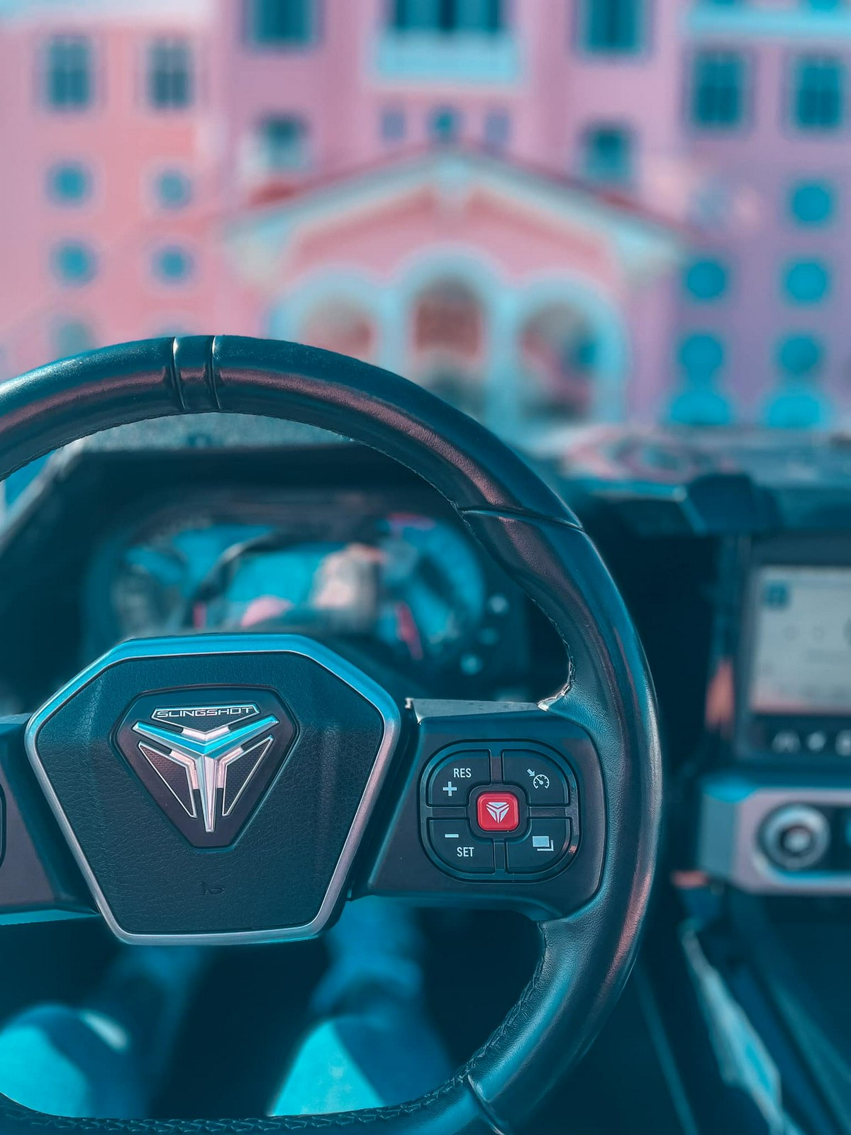 Steering wheel of Polaris Slingshot from Scoot Scoot Rentals in St. Pete