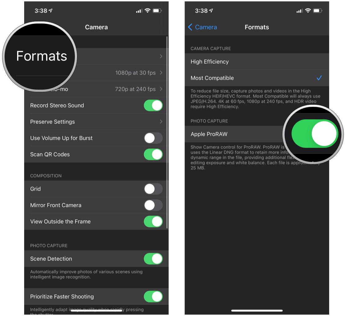 How to enable ProRAW on iPhone 12 Pro or Pro Max by showing steps: Tap Formats, tap the toggle for ProRAW to ON