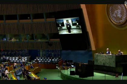 In this image made from UNTV video, United States President Donald Trump speaks in a pre-recorded message which was played during the 75th session of the United Nations General Assembly, Tuesday, Sept. 22, 2020, at U.N. headquarters in New York. The U.N.'s first virtual meeting of world leaders started Tuesday with pre-recorded speeches from some of the planet's biggest powers, kept at home by the coronavirus pandemic that will likely be a dominant theme at their video gathering this year. (UNTV via AP)