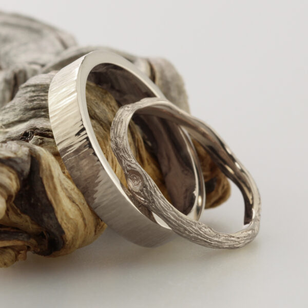 Recycled 18ct White Gold Twig and Bark Wedding Rings