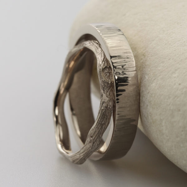 Ethical 18ct White Gold Twig and Bark Wedding Rings