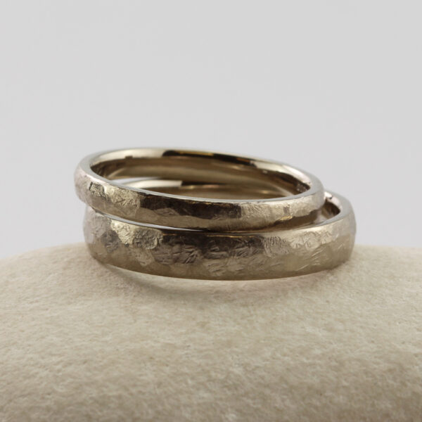 Custom White Gold Hammered Wedding Rings