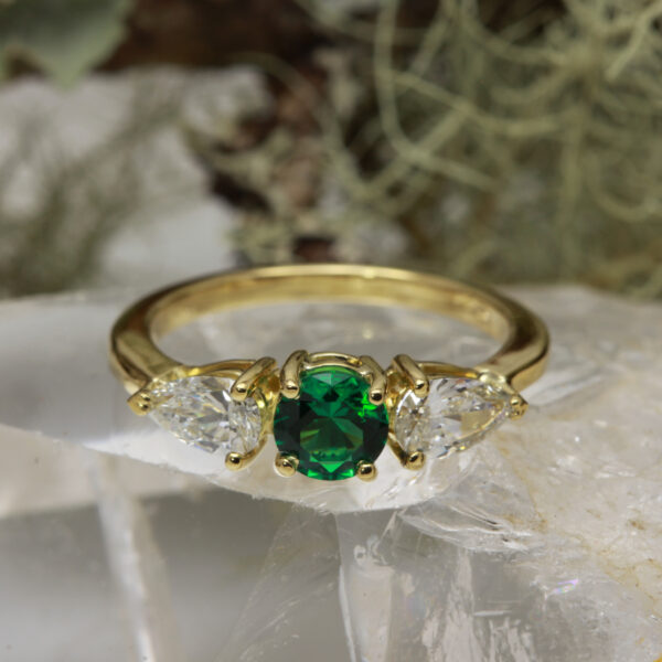 Eco Friendly Emerald Three Stone Engagement Ring