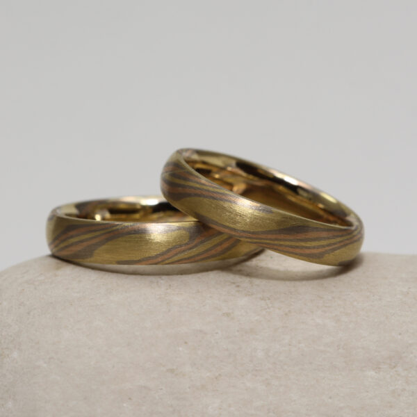 Handmade 18ct Gold Mokume Gane Wedding Ring Set