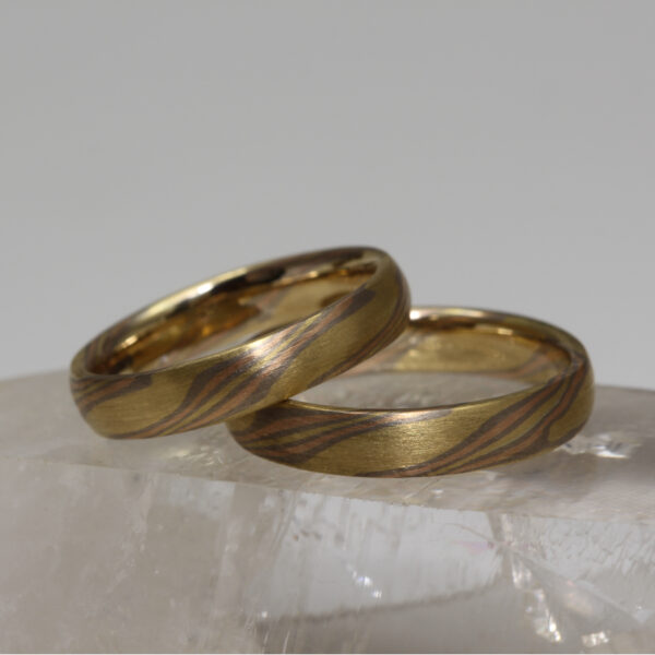 Eco 18ct Gold Mokume Gane Wedding Ring Set