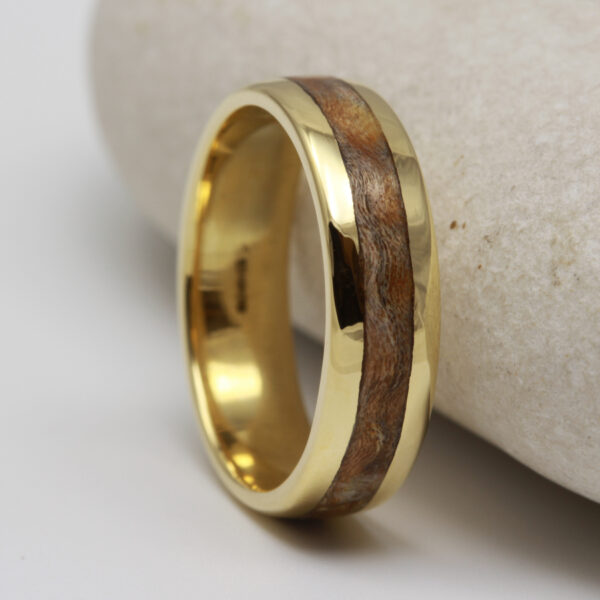 Handmade 18ct Gold Wedding Band with Wood Inlay