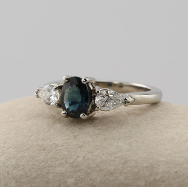 Eco Friendly Teal Sapphire Trilogy Engagement Ring