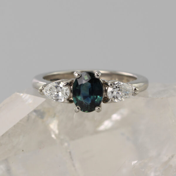 Hand Crafted Teal Sapphire Trilogy Engagement Ring