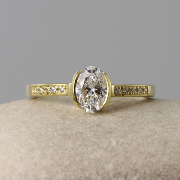 Handmade 18ct Gold Oval Solitaire Engagement Ring with Pave Shoulders