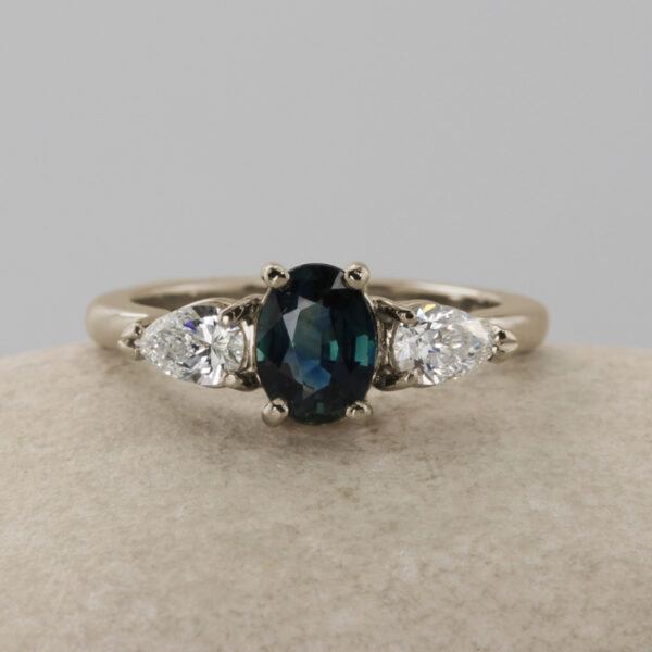 Eco 18ct White Gold Teal Sapphire Trilogy Engagement Ring