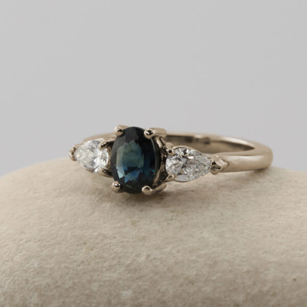 Eco Friendly 18ct White Gold Teal Sapphire Trilogy Engagement Ring