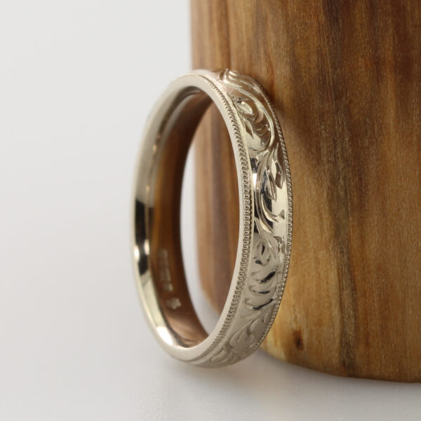 Unique hand engraved forest canopy white gold ring