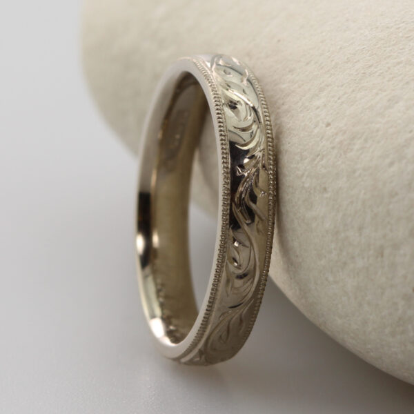 Recycled hand engraved forest canopy white gold ring