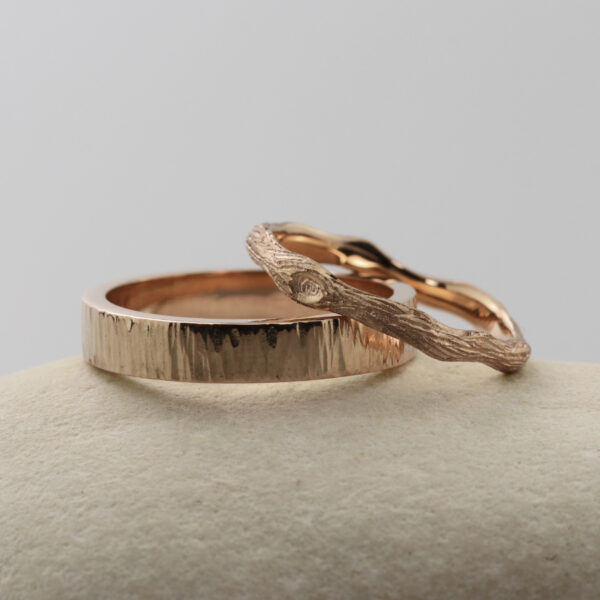 Recycled 18ct Rose Gold Twig and Bark Wedding Rings