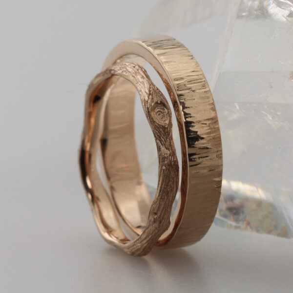 Unique 18ct Rose Gold Twig and Bark Wedding Rings