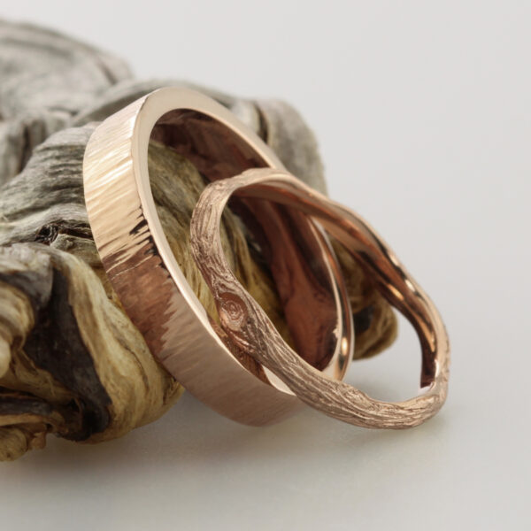 Ethical 18ct Rose Gold Twig and Bark Wedding Rings