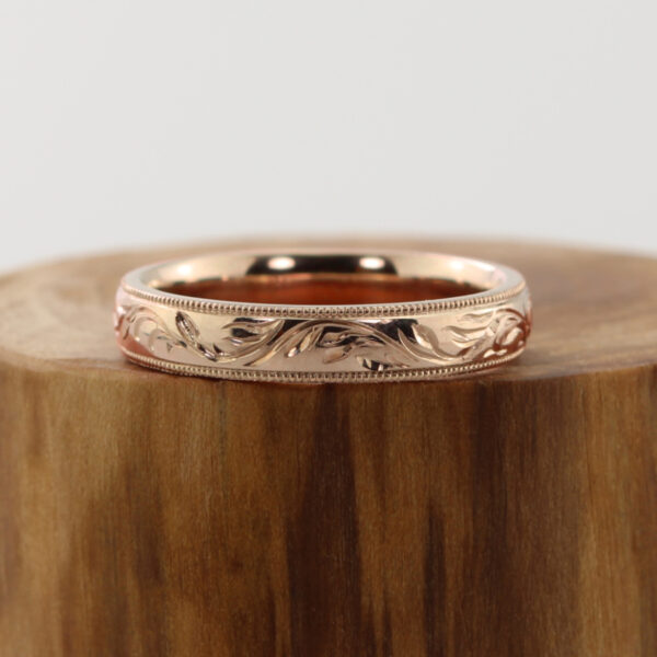 Bespoke hand engraved forest canopy 18ct Rose gold ring