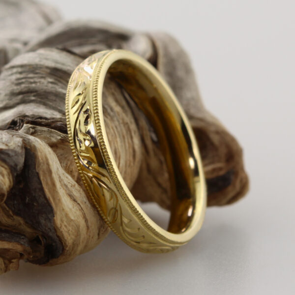 Ethical hand engraved forest canopy 18ct gold ring