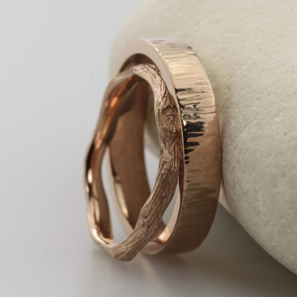 Custom 18ct Rose Gold Twig and Bark Wedding Rings