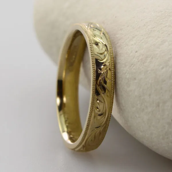 Custom hand engraved forest canopy 18ct gold ring