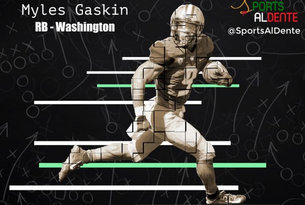 Myles Gaskin NFL Draft Profile. Photo Credit: Inside The Pylon | Sports Al Dente Illustration
