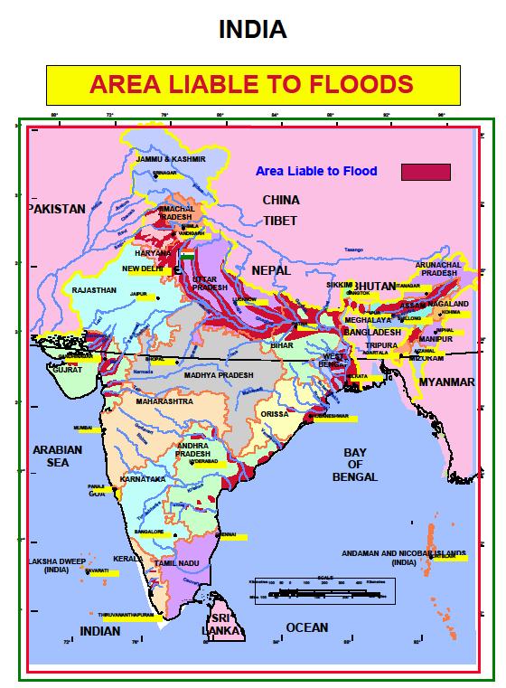 INDIA AREA LIABLE TO FLOODS AKISTAN INDIAN Area Liable to Flood CHINA TIBET UPSC Legacy IAS BENGAL OCEAN 