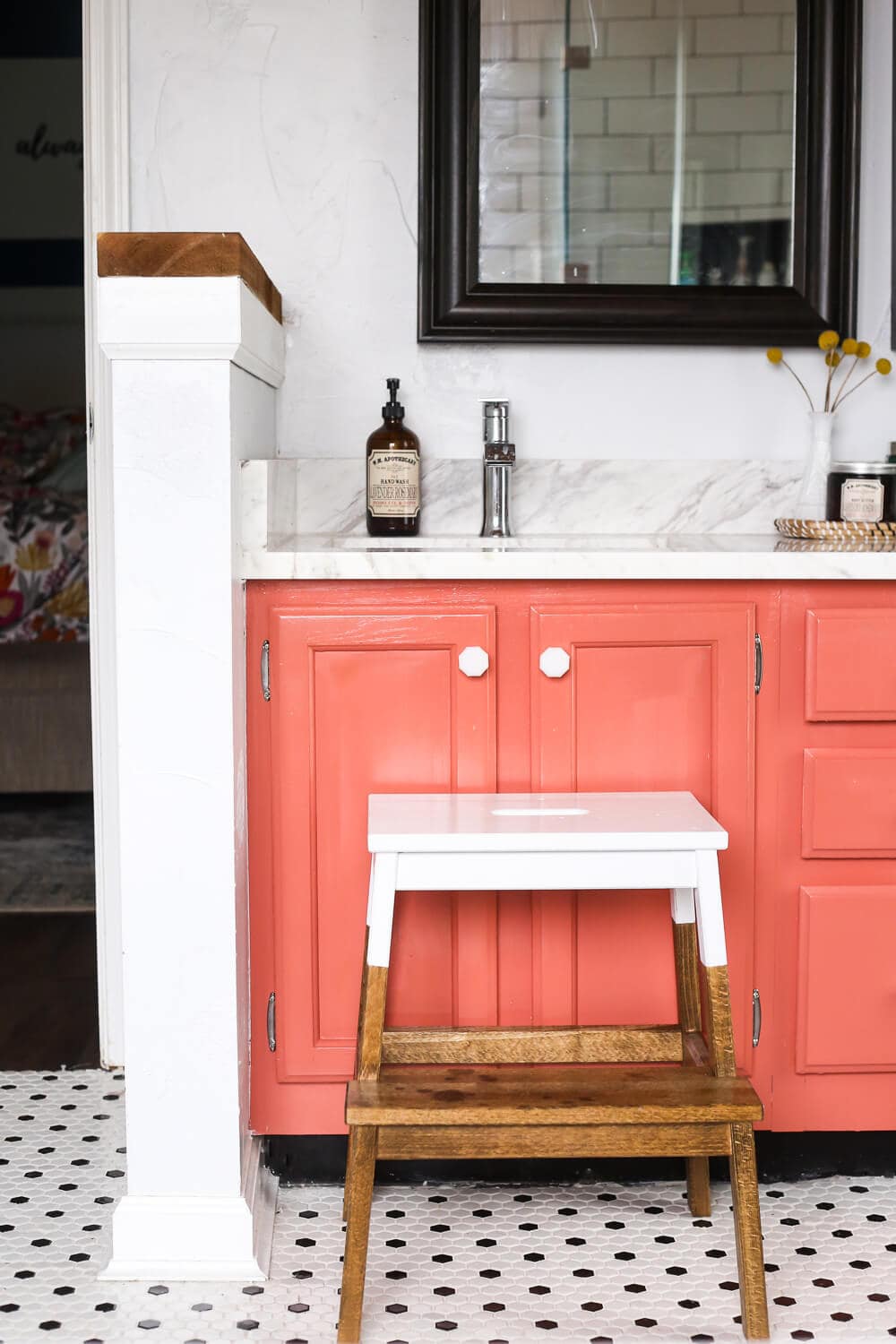 Easy IKEA hack! How to turn this BEKVAM stool into a gorgeous, farmhouse inspired stool for your kitchen, bathroom, or anywhere in the house! Great for kids, and it's gorgeous too! 