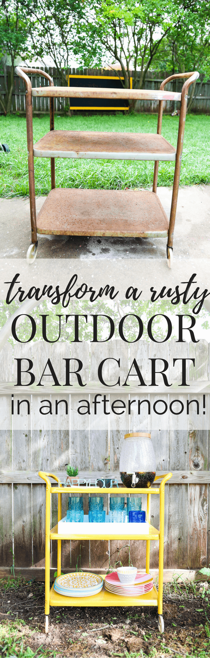 How to transform a rusty backyard bar cart using Rustoleum's line of rust-stopping primer and spray paint. Great ideas for rusty furniture makeovers! 