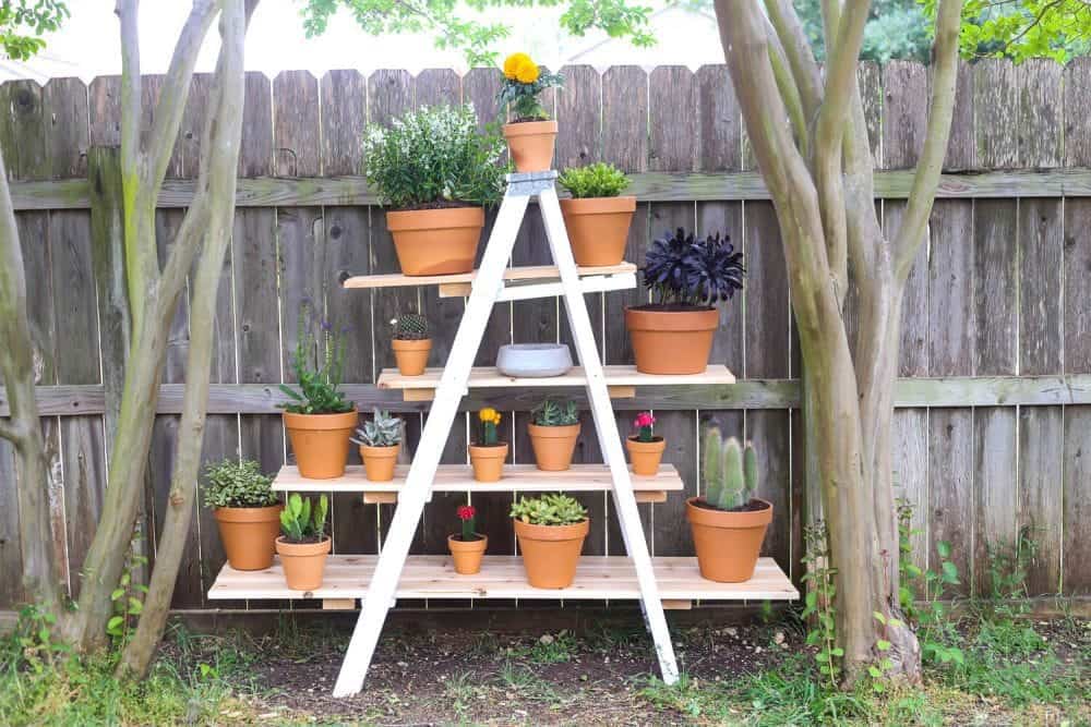 How to quickly and easily build a tiered ladder garden for your backyard. It's so simple, and it looks absolutely gorgeous. Plus, great tips and tricks for planting succulents and other flowers. Fantastic idea for a backyard decoration!