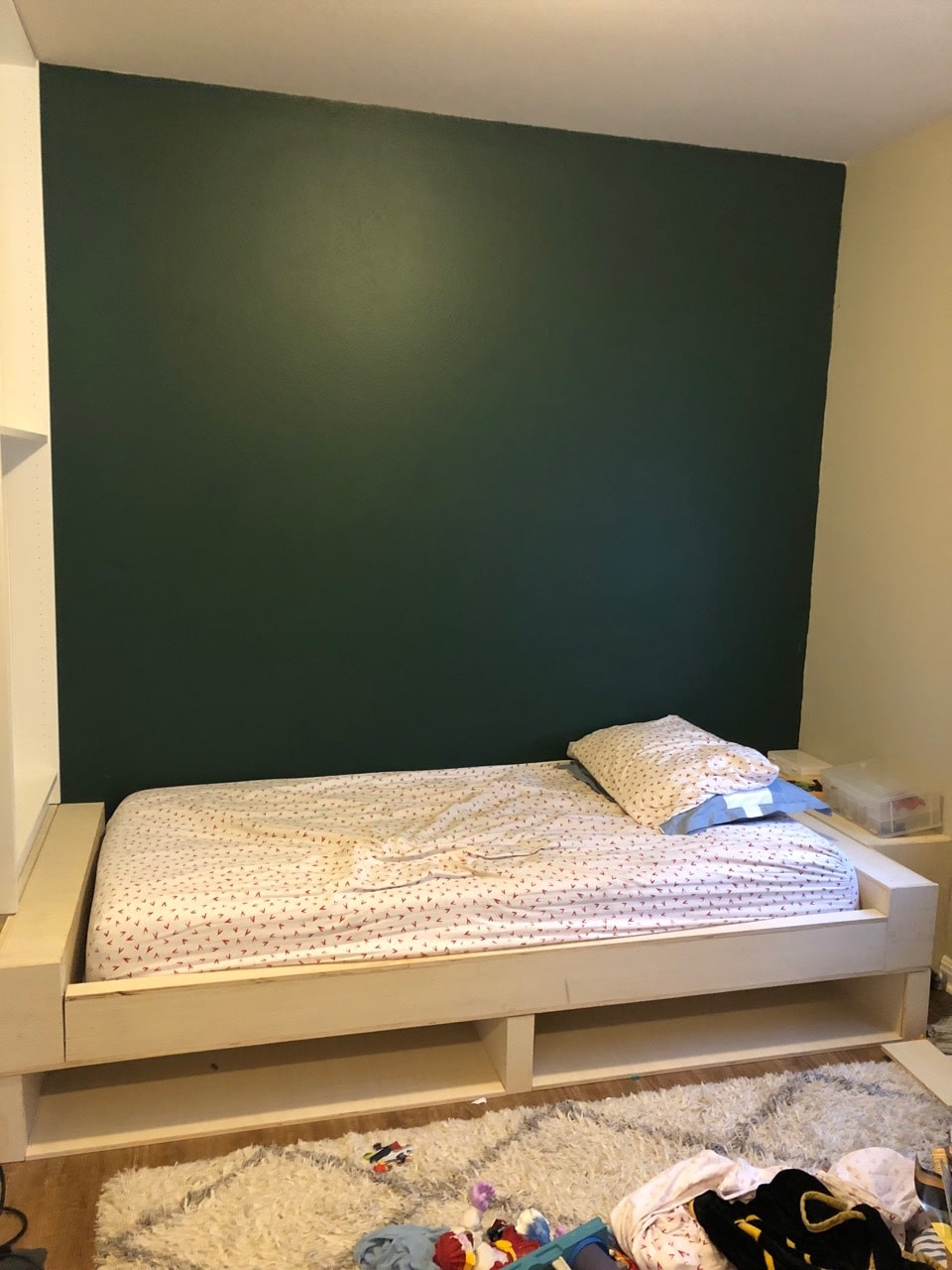 Unpainted built in bed with 1 bookcase installed
