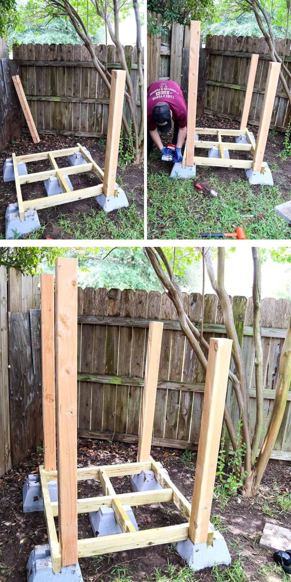 collage of man assembling a DIY backyard fort 
