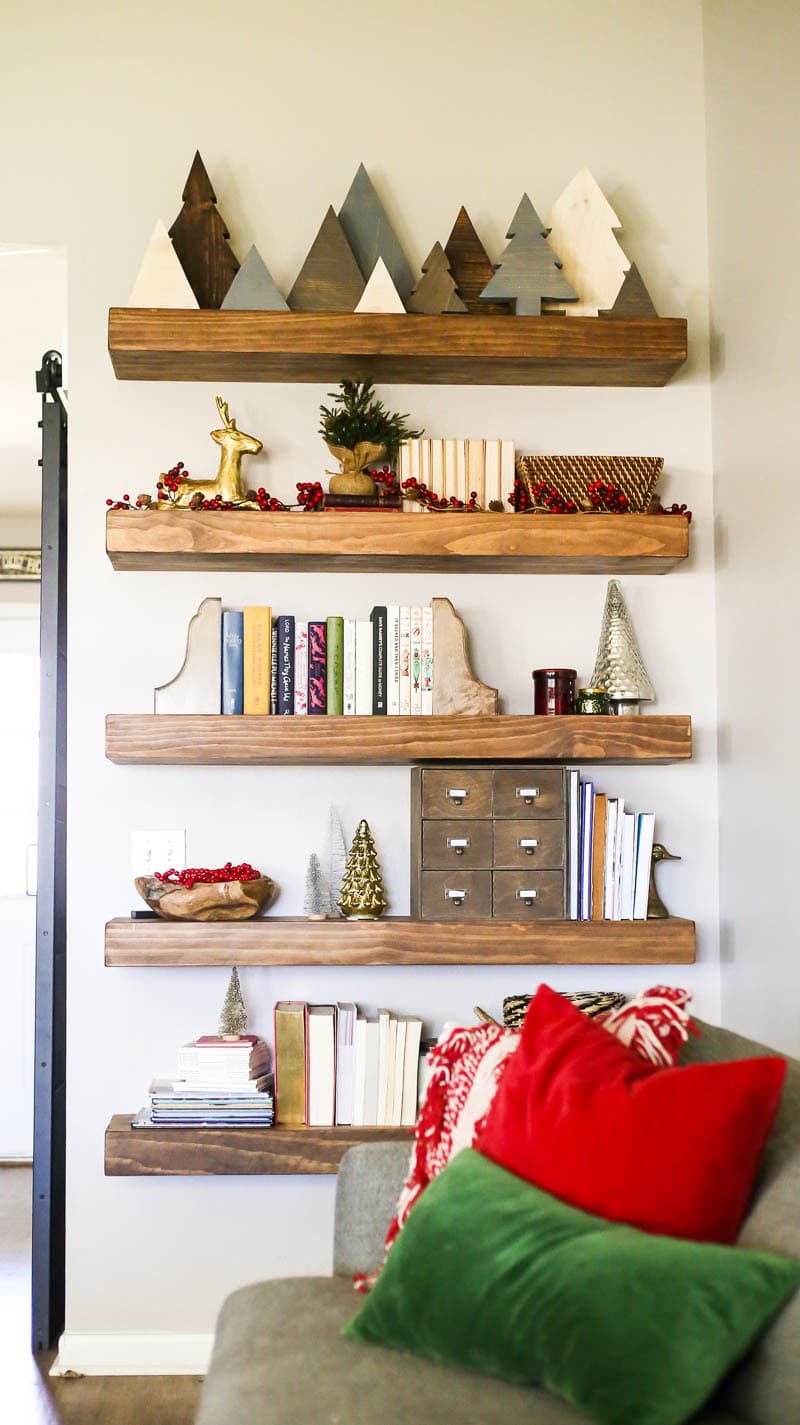 shelves decorated for Christmas
