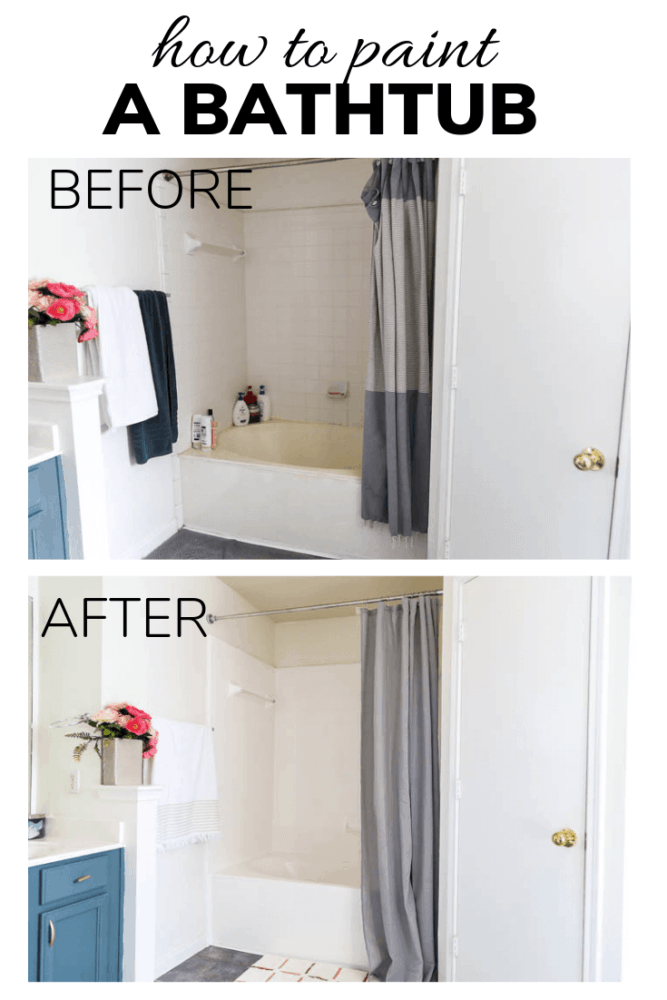 before and after collage of painted bathtub with text overlay - how to paint a bathtub. 