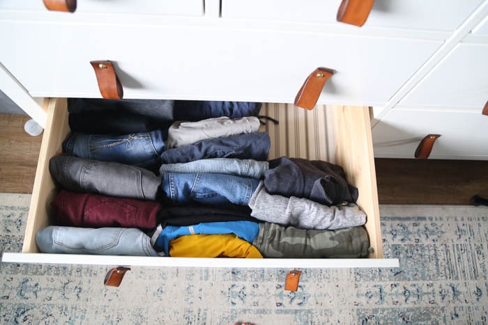 drawer with pants folded using the konmari method