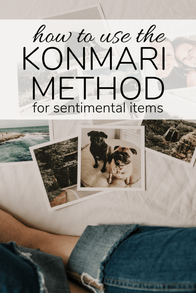 photos on a bed with text overlay - how to use the konmari method for sentimental items