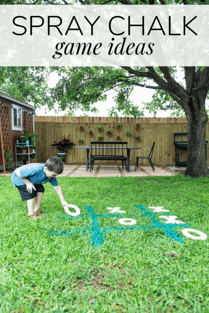 a boy playing tic tac toe in the grass with a text overlay - "spray chalk game ideas"